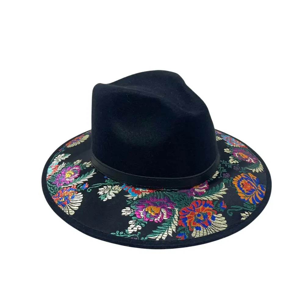 N.R. Hats Vibrant Floral Embroidered Mexican Fedora - Sombrero - Black - Size M
